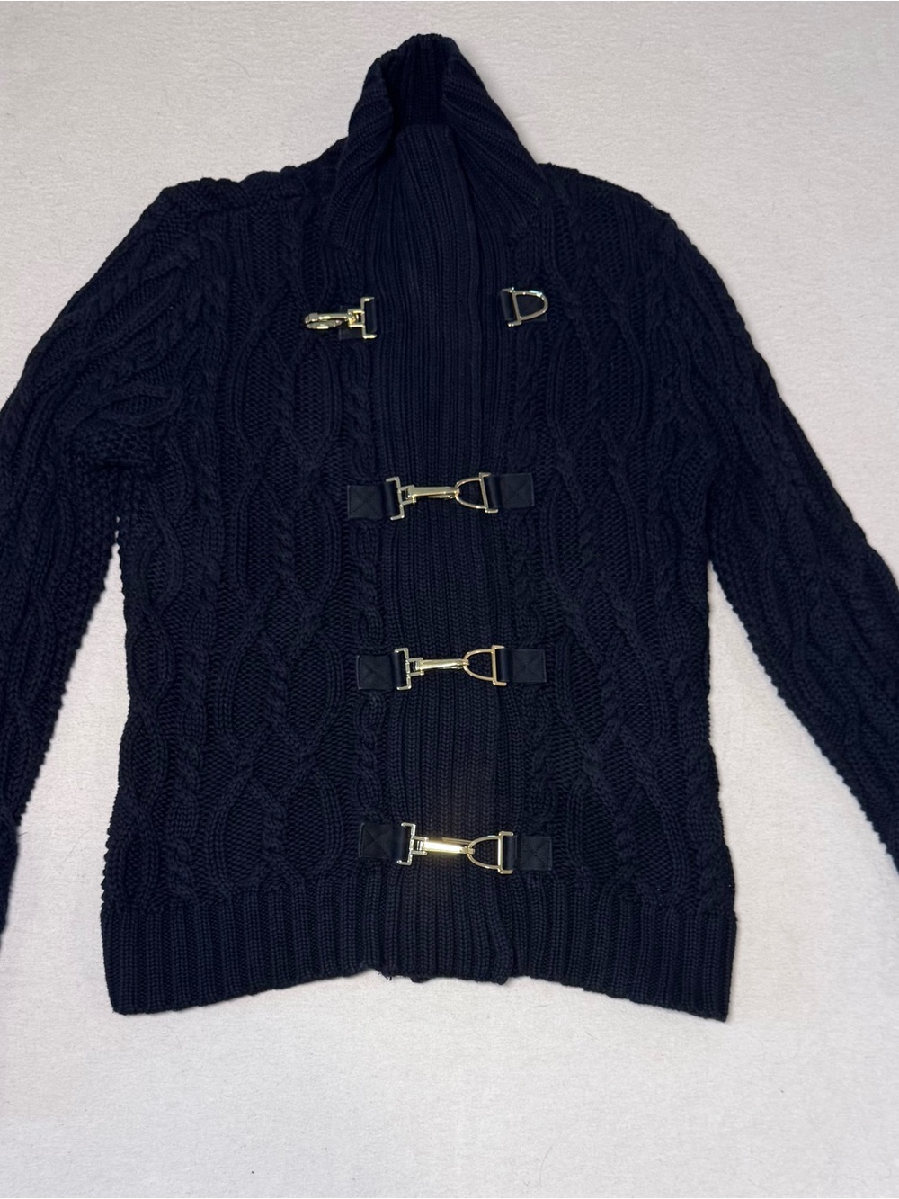 Ralph Lauren Cardigan Black Cable-Knit Fireman Toggle, Chunky, zips to a funnel